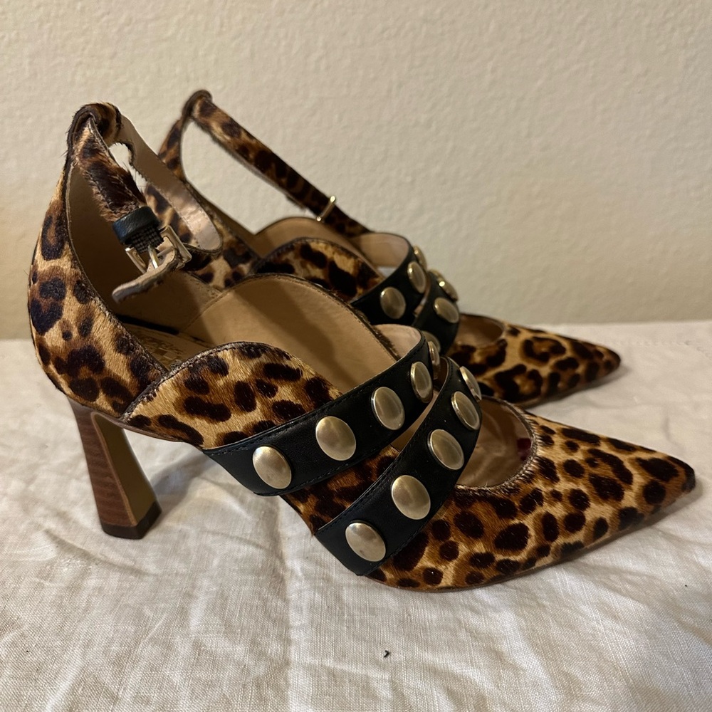Vince Camuto Leopard Print Heels with Black and Gold Accents